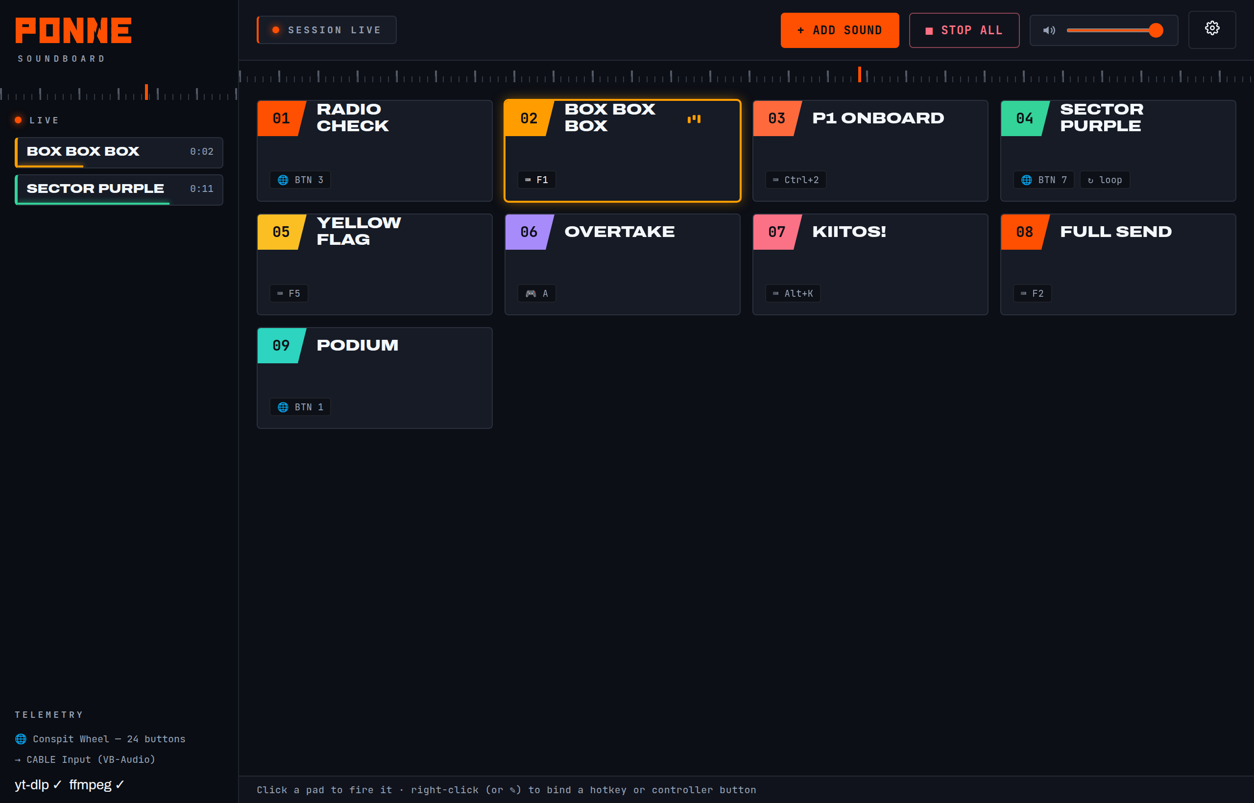 The PONNE Soundboard: a pit-wall sidebar with a live timing tower, and a grid of colour-plated sound pads bound to hotkeys and controller buttons